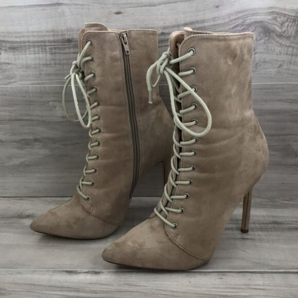 Olivia Ferguson Boots Womens 7.5 Tan Faux Suede Zip Lace Up Stiletto Heels - Picture 4 of 10
